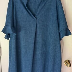 SHEIN Blue Textured V-Neck Ruffle Sleeve Dress